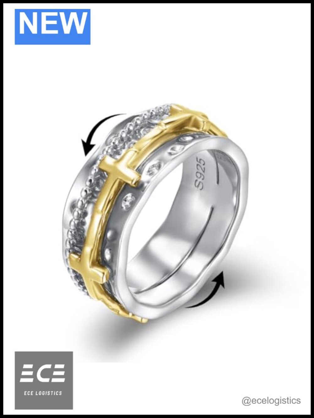 925 Sterling Silver Cross Spinner Ring Size 9 Anxiety Fidget Band